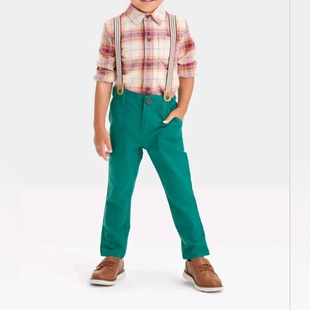 Cat & Jack Toddler Boys' Plaid Button-Down Shirt and Suspender Pants 3pc set